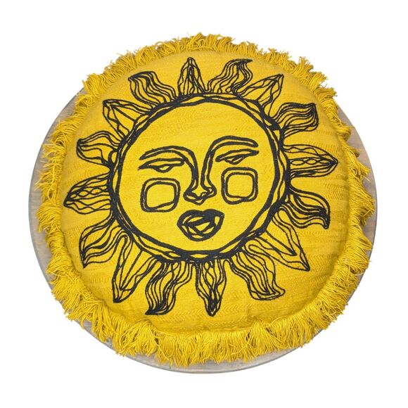 Round Embroidered Sun Fringe Decorative Pillow Opalhouse Yellow Black Fringe - Picture 1 of 6